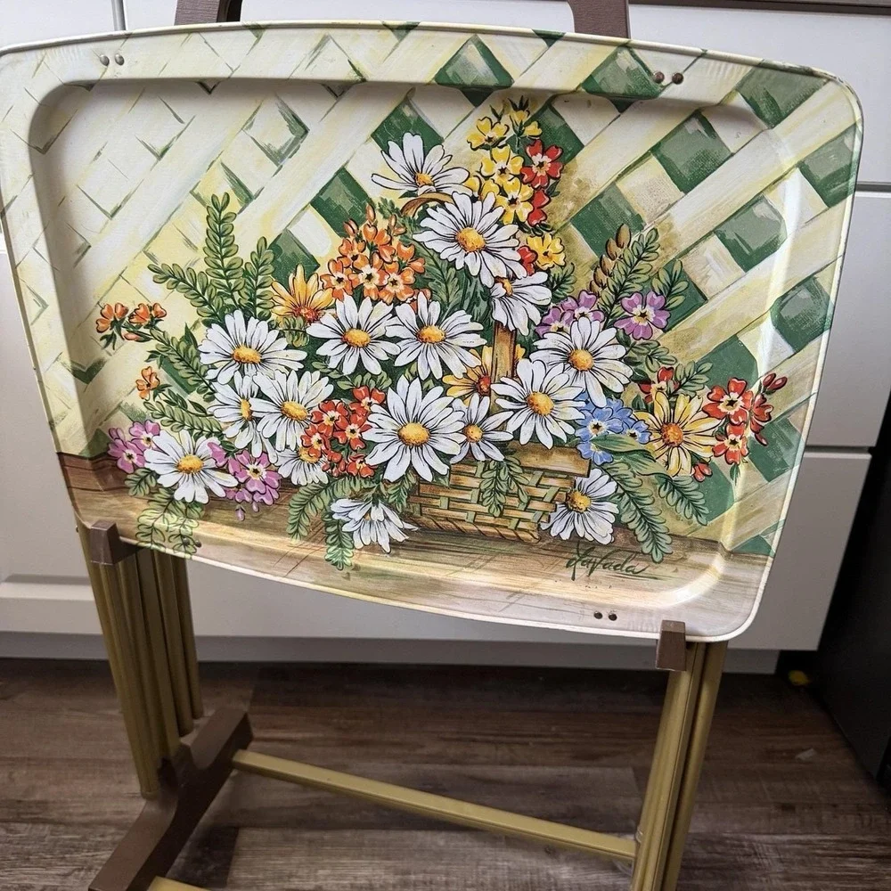 Mcm Metal Floral Tv Tray Set Of 4 With Rolling Cart Stand Cottagecore Garden VTG